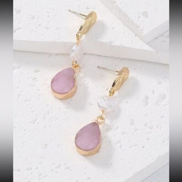 Natural Stone Pink White Drop Earrings - Picture 1 of 3